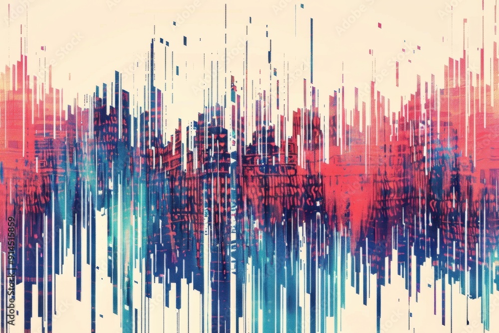 Aufkleber red and blue vertical glitch pattern on cream background, vertical lines of data or code with pixela