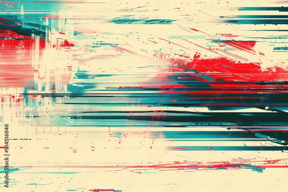 Aufkleber abstract digital glitch pattern with red and blue lines on cream background generative ai