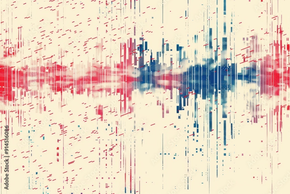 Aufkleber abstract digital glitch pattern with red and blue lines on cream background generative ai