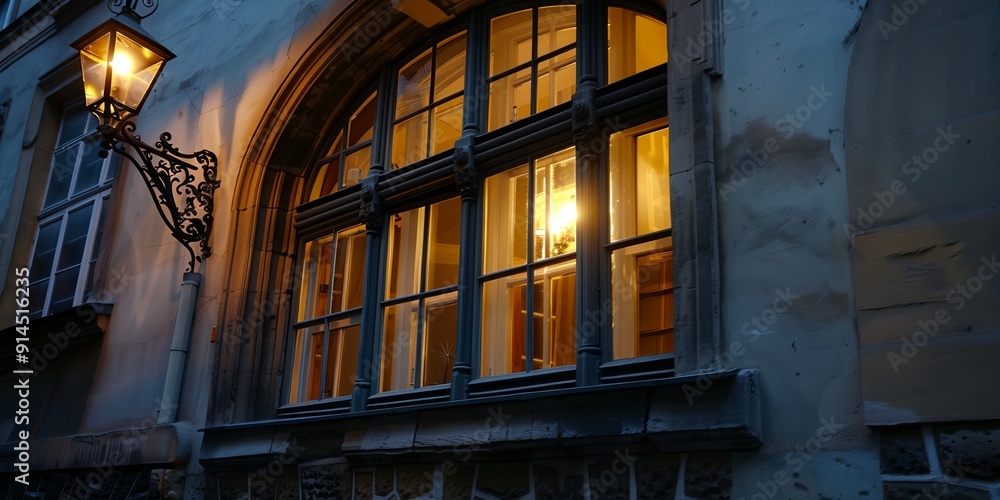 Poster a window with a lamp hanging from it