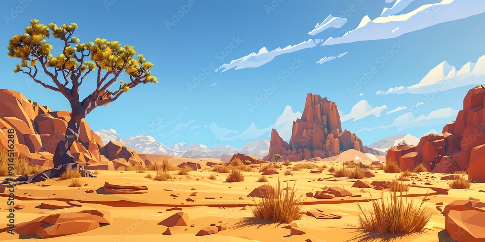 Poster a desert scene with a tree in the foreground and a large rock in the background. the sky is clear an