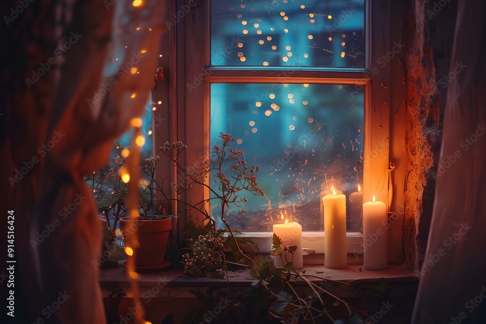 Poster a window with candles lit in it, creating a warm and cozy atmosphere. the candles are placed on a wi