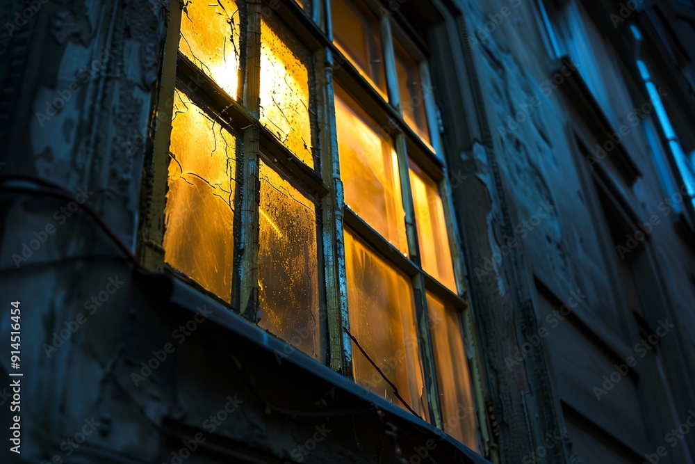 Poster a window with a yellow light shining through it. the light is coming from the outside and is illumin