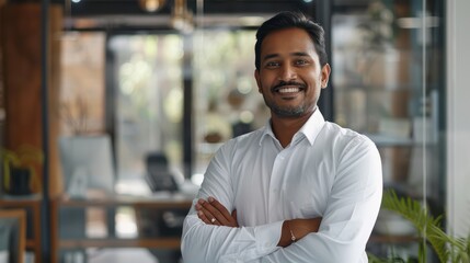 Fototapeta premium Happy Indian businessman professional leader standing arms crossed in office. Smiling male employee, business man company executive manager, confident eastern entrepreneur at work, Generative AI
