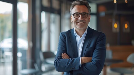 Fototapeta premium Happy male executive company owner corporate manager leader in office, confident smiling business man professional coach wear glasses stand arms crossed staring at camera.