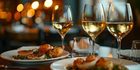 A table with three wine glasses and two plates of food. The wine glasses are filled with white wine and the plates have shrimp and vegetables. The table setting is elegant and sophisticated