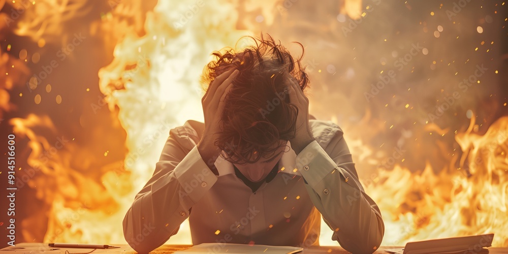 Poster a man is sitting at a table with a book in front of him. the table is on fire, and the man is lookin