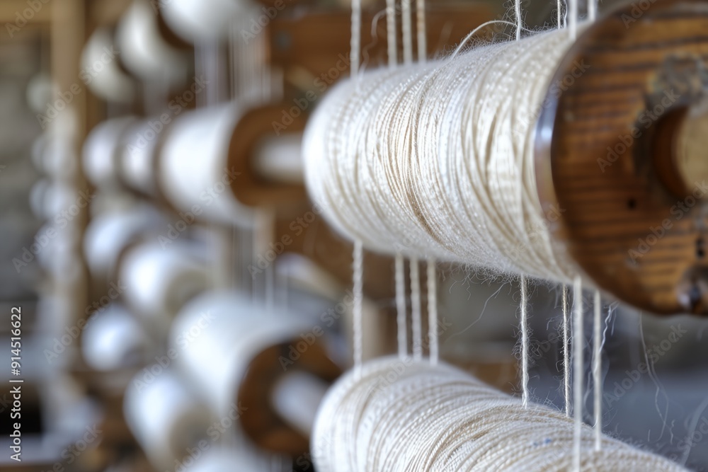 Poster a row of yarns are hanging on a wooden rod. the yarns are white and appear to be in various stages o