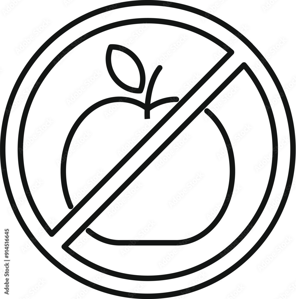 Poster simple black and white icon of an apple with a diagonal line through it, conveying a clear message o