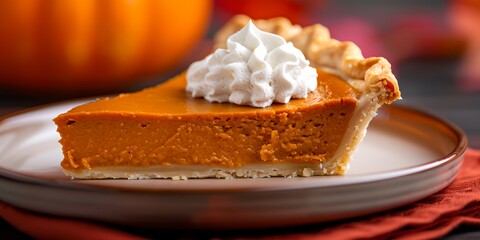 A slice of pumpkin pie with whipped cream on a plate