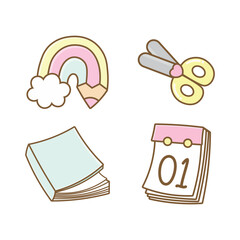 Cute stationery icons set in kawaii style, back to school in kawaii style