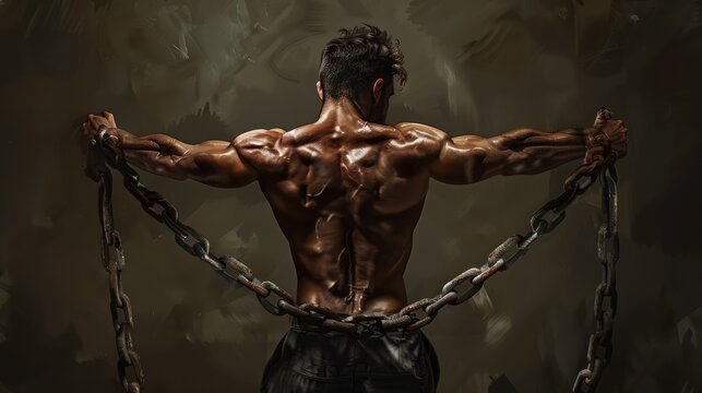 Hombre musculado y valiente rompe cadenas con fuerza y determinaci&Atilde;&sup3;n, simbolizando libertad, superaci&Atilde;&sup3;n y empoderamiento.