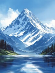 Fototapeta premium Snowy Mountain Peak Reflecting in a Tranquil Lake