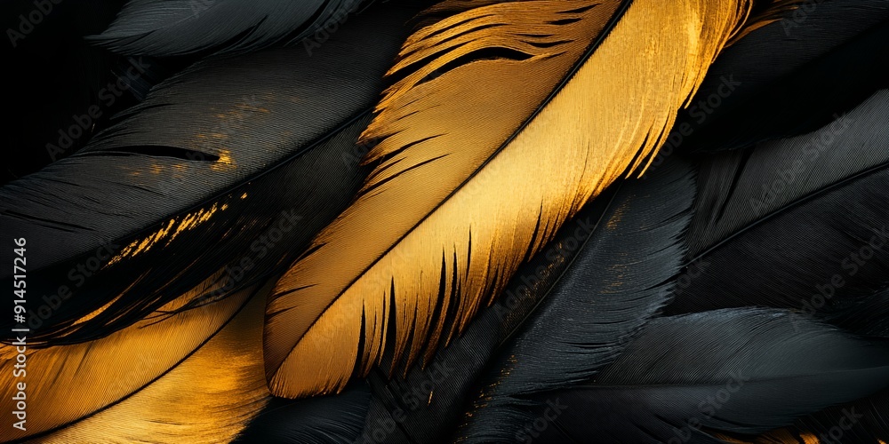 Poster a close up of a feather with gold and black colors. the feather is very detailed and has a lot of te