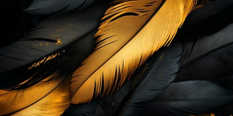 A close up of a feather with gold and black colors. The feather is very detailed and has a lot of texture. The colors of the feather create a sense of depth and contrast