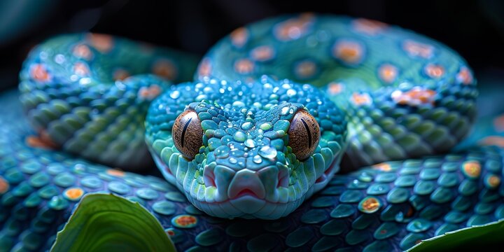A green and yellow snake with a blue head is laying on a leaf. The snake is wet and has a shiny appearance