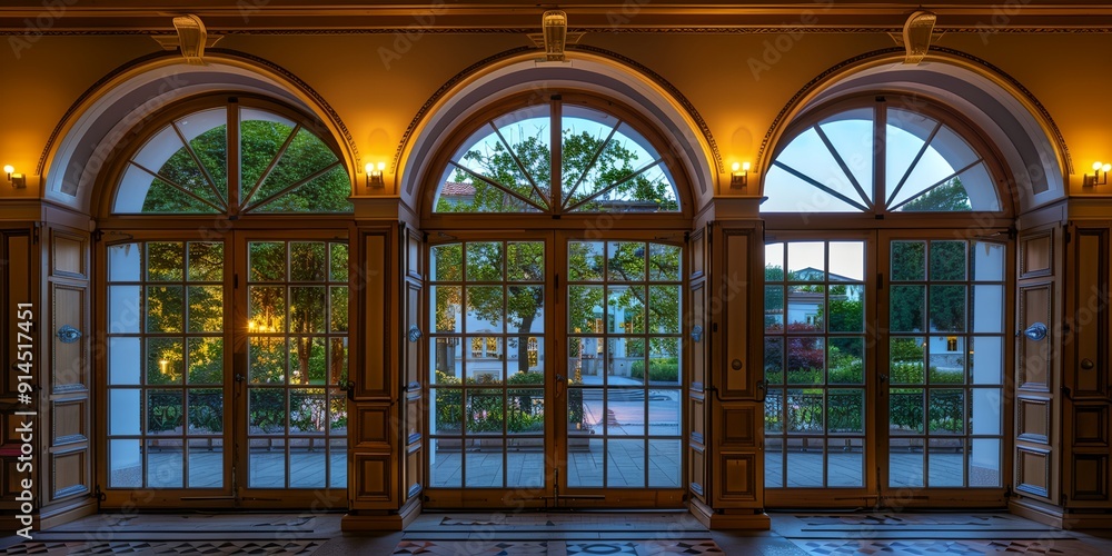 Poster a large room with three arched windows, each with a different view of the outside. the room is well-