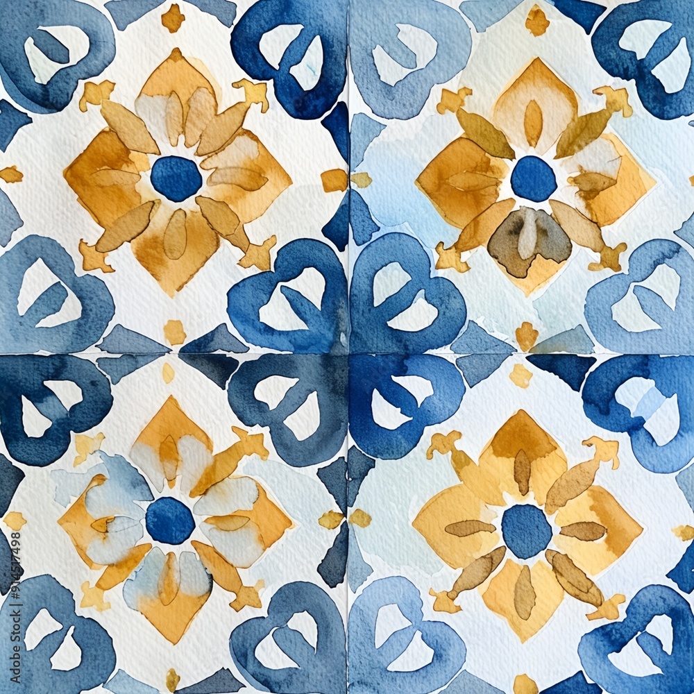 Poster a blue and yellow tile pattern with a flower design. the tiles are arranged in a square and the flow