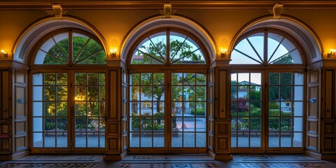 Obraz premium A large room with three arched windows, each with a different view of the outside. The room is well-lit, with a mix of natural