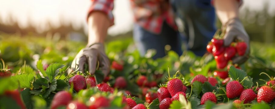 Farmer tending to a field of strawberries ripe for picking, 4K hyperrealistic photo