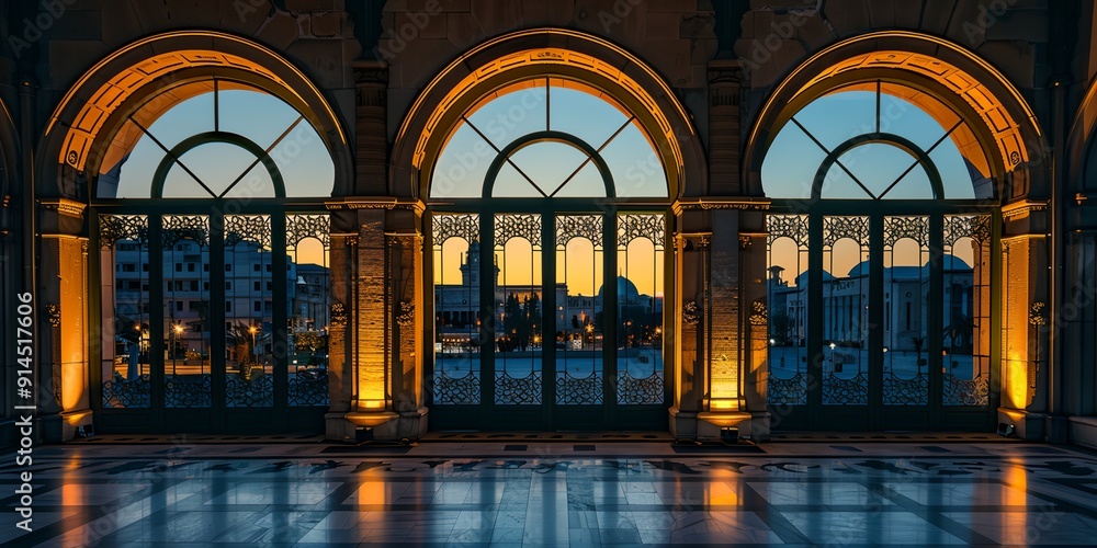 Poster a large, open space with three arched windows that let in the light of the setting sun. the scene is