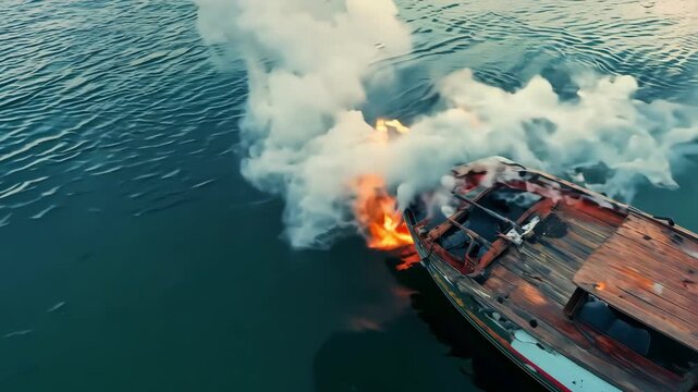 A wooden boat is engulfed in flames while drifting on tranquil water. Thick smoke billows into the air as the fire intensifies, creating a dramatic contrast with the serene surroundings.