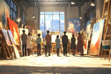 Fototapeta premium Group of People Observing Artworks in a Modern Studio Gallery