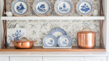 Elegant Blue and White Vintage Porcelain Plates with Copper Pots in Modern Kitchen