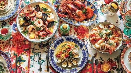 Colorful Mediterranean Seafood Feast with Lobster, Mussels, and Shrimp on Vibrant Table Setting