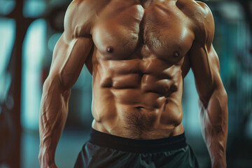 Fototapeta premium Male model with abdominal muscles, muscular trainer