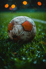 Fototapeta premium Wet Soccer Ball on Rainy Field, Night Match in Stadium