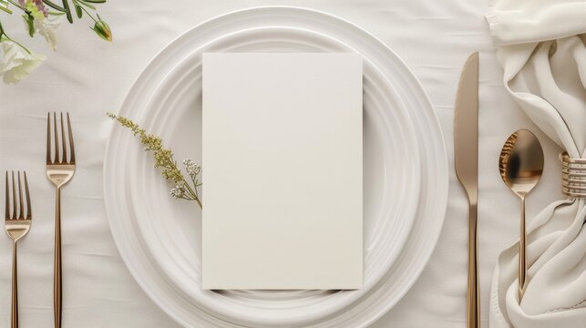 Wedding stationery invitation card mockup on white classic plate on white background with herbs , Menu card mockup with festive wedding or birthday table setting