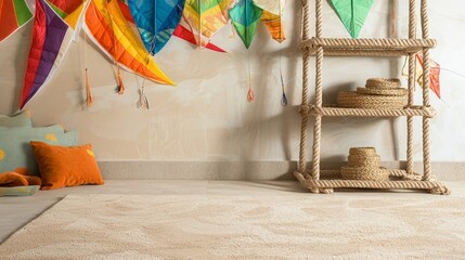 Vibrant Room with Colorful Kites and Cozy Decor Elements