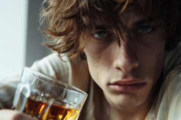 Male drunkard holding glass of whiskey, alcoholism problem