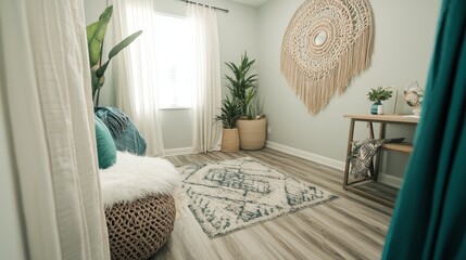Cozy Bohemian Styled Living Room with Plants and Woven Wall Decor