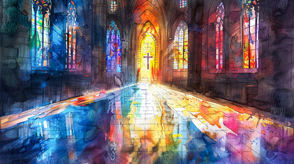 Fototapeta premium minimalistic Digital watercolor painting on white background of A dramatic portrayal of faith in God