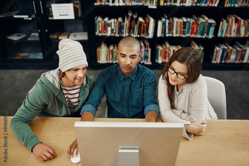 Aufkleber Group, students and computer in library on campus for research, study project and reading test results on website. People, pc and information for education, learning resources and academic support