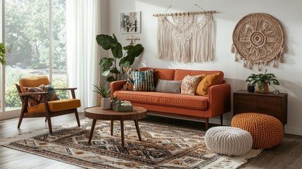 Obraz premium Cozy Boho Living Room with Orange Sofa and Macrame Decor in Sunlit Space
