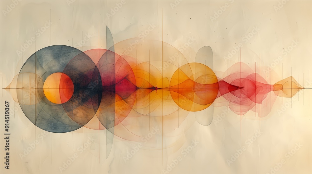 Poster abstract art depicting vibrant sound waves and colorful circular forms in a creative design