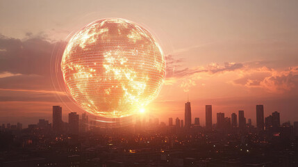 A surreal, illuminated globe hovering over a modern city skyline at sunset, evoking a futuristic and mesmerizing atmosphere with a beautiful blend of colors.