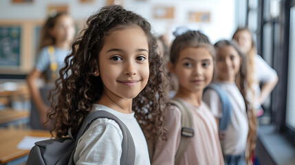 Smiling dark haired curly arabian girl with a school bag is standing in a classroom with her friends. Education, school, learning. Back to school.