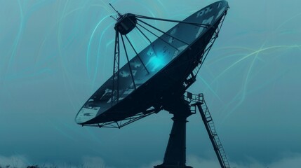 Obraz premium A satellite dish captures cosmic data, illuminated by blue glowing lights, representing space communication