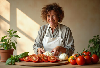 Woman arranging tomatoes and cheese on rustic table