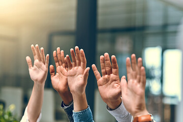 Group, hands raised and business people with question in office for volunteer, agreement or...