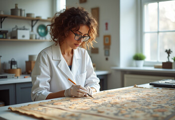 Conservator restoring 18th century French tapestry in laboratory