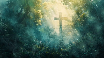 Fototapeta premium Stone cross in a misty forest faith religion hope god christianity jesus christ religious symbol spirituality belief resurrection easter sunday christian holiday spiritual background