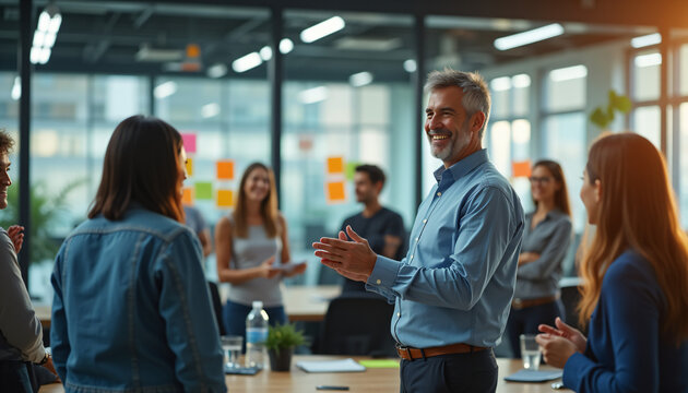 Middle Aged Trainer Leads Diverse Team Building Exercise