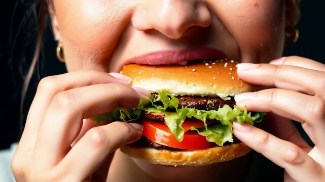 This clip showcases an individual savoring a homemade burger, featuring fresh lettuce and a perfectly toasted sesame seed bun. The setting highlights a cozy dinner table atmosphere, emphasizing the jo
