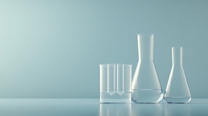 Clear test tubes and flasks filled with liquid are arranged on a table in a laboratory with a calming blue backdrop