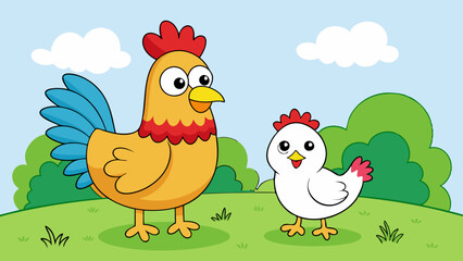  A perfect cartoon style Rooster and Hen in the field for coloring book, vector illustration